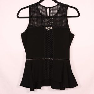 Jonathan Simkhai Top XS Black Peplum Lace Sheer Front Sleeveless Fitted Netting.